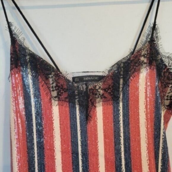 Zara Striped Sequin Lace Trim Tank Top Cami Red Blue Cream - Picture 6 of 8
